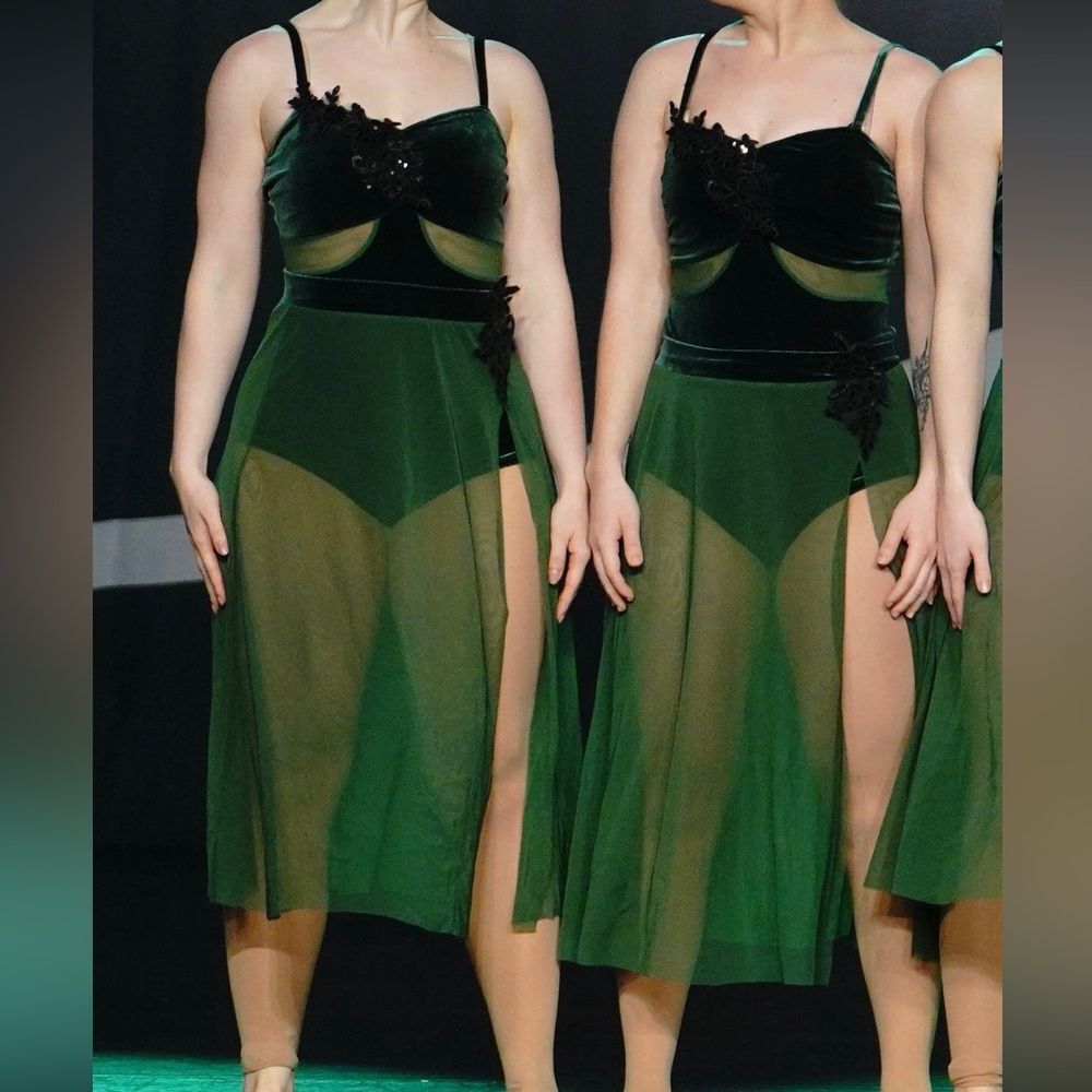 Kelle’ Green Lyrical Dance Dress Velvet Leotard Sheer Skirt Contemporary Costume